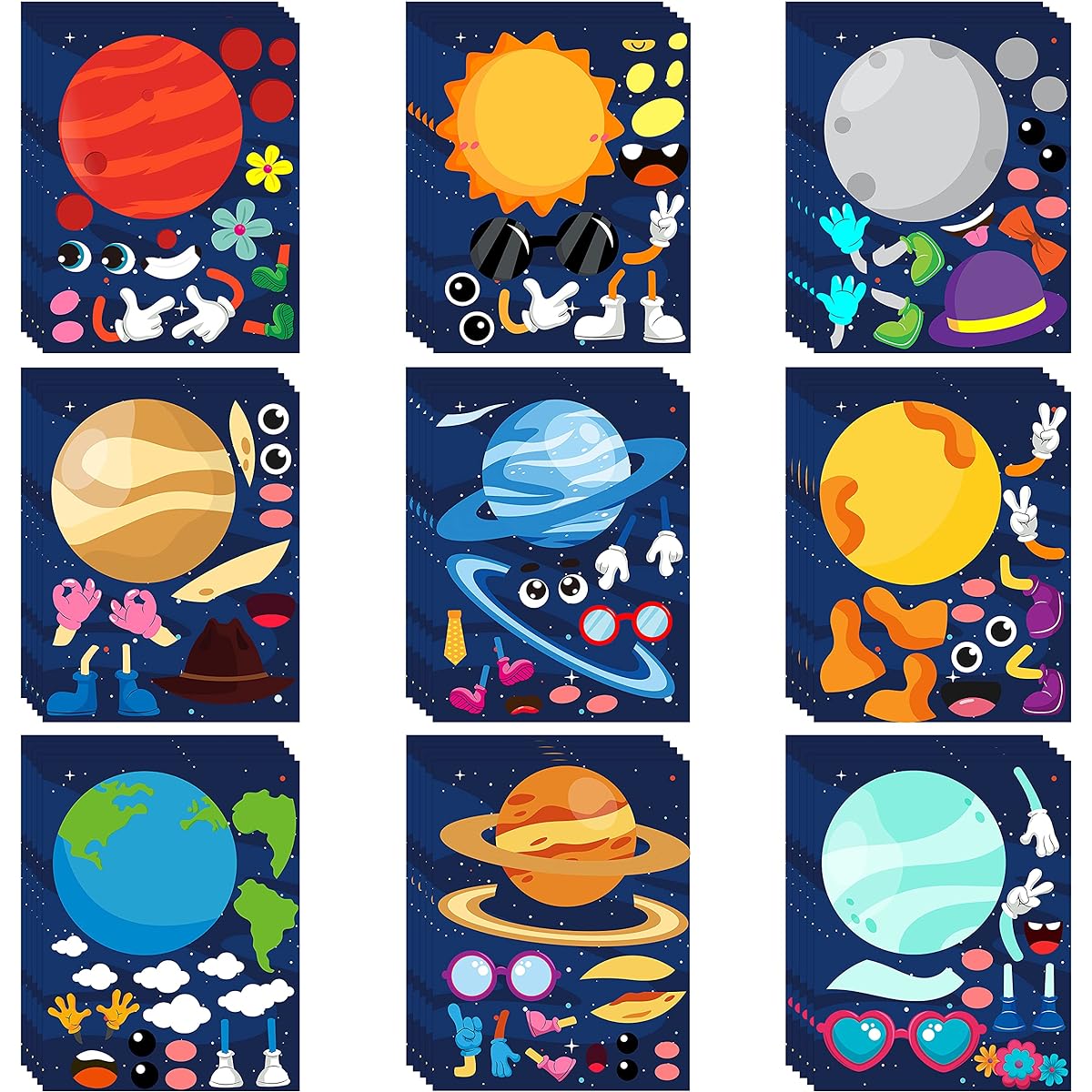 WATINC 45pcs Make Your Own Planet Stickers Games, 9 Planets Solar System Birthday Party Favor Stickers for Kids, DIY Outer Space Make a Face Sticker for Children, Craft Kit Toy for Kids Party Supplies