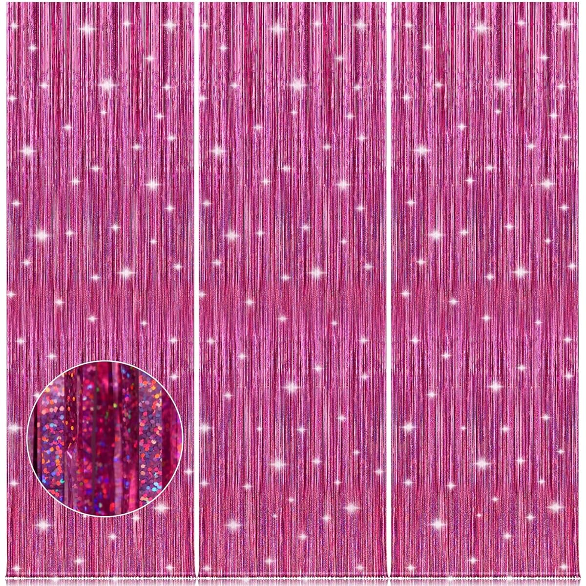 ACCEVO Pink Party Streamers 3 Pack Glitter Foil Fringe Curtains 3.3ft x 8.5ft Pink Party Decorations Photo Booth Streamers Metallic Tinsel Door Streamers for Christenings Thanksgiving Party Decorations