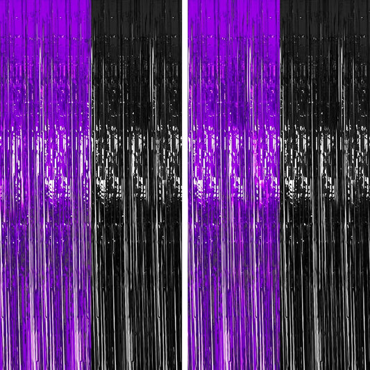 2 Pack 3.3ft x 8.5ft Halloween Purple Black Tinsel Foil Fringe Curtains Metallic Foil Curtains for Home Outdoor Halloween Party Photo Booth Props Decorations
