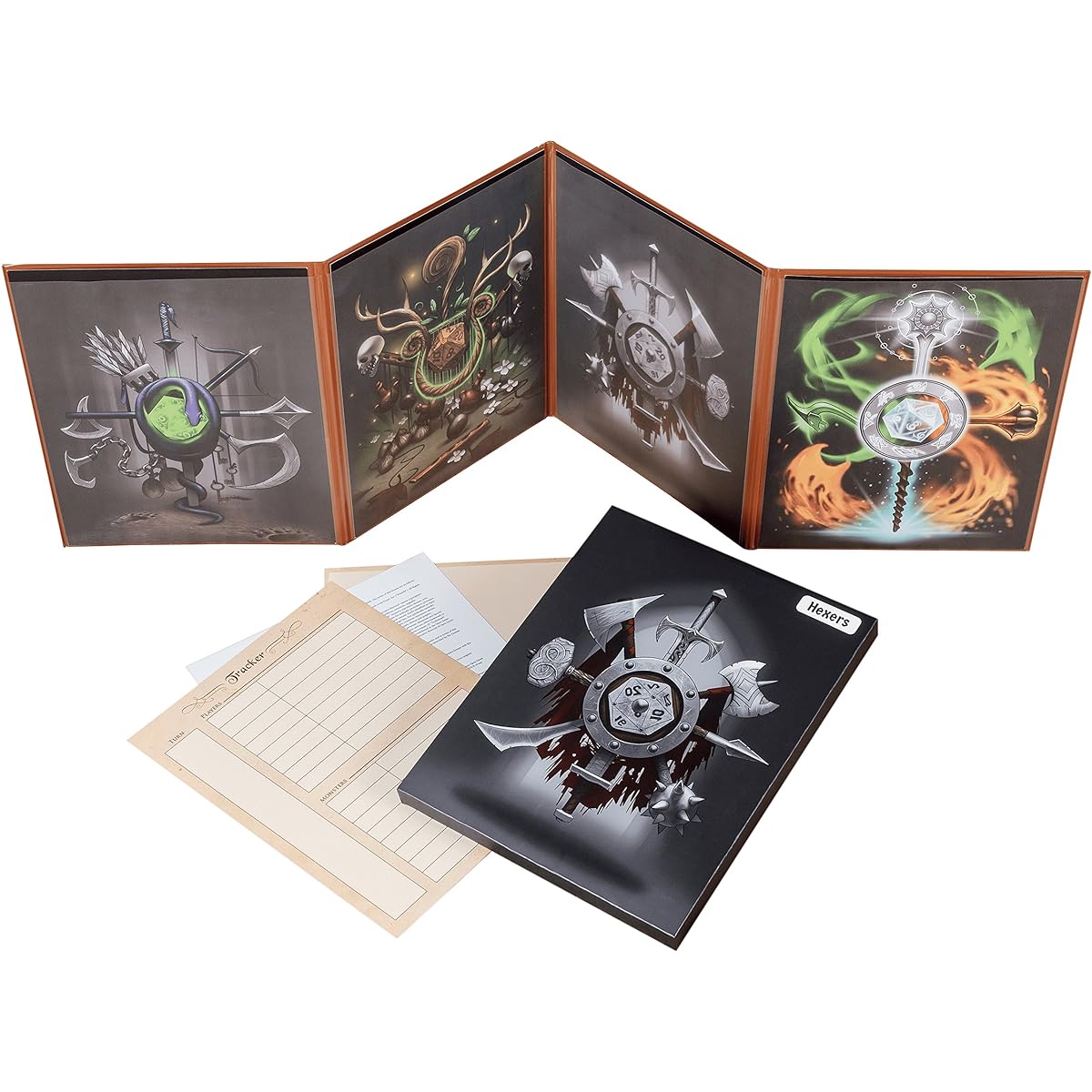 Hexers Game Master Screen - Dungeons and Dragons D & D DnD DM Pathfinder RPG role playing compatible - 4 Customizable Panels - Inserts included that slide into the pouches - Dry erase tracker sheet