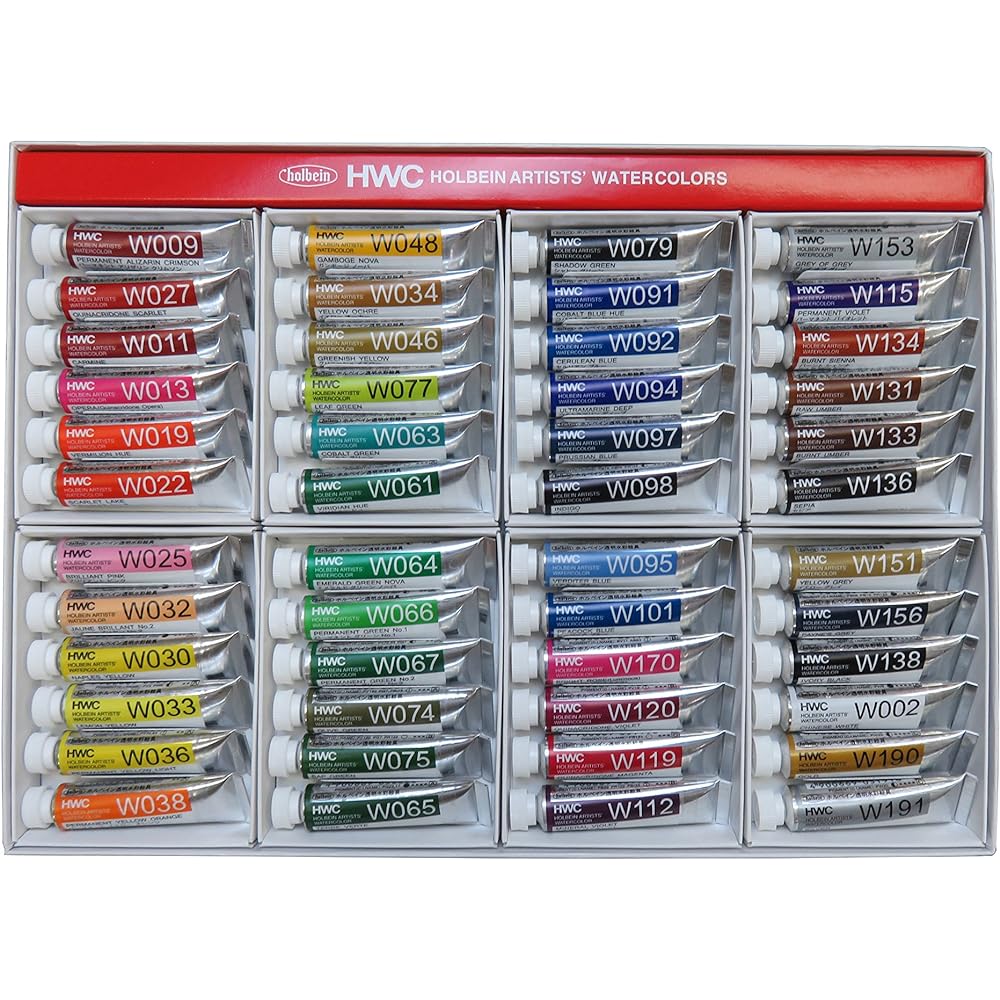Holbein Transparent Watercolor Paints 48 Colors Set W409 5ml (No. 2) 003409 & Holbein Paint Brush Set [9] Watercolor Brush (Horse Hair) Set of 5 [Set Purchase]