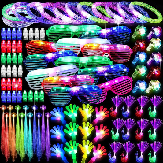 122pcs Glow in the Dark C Supplies Light Up Toys Party Supplies 12pcs Flashing Glasses LED Bracelet Flash Hair Neon Peacock Finger Light LED Whistle Luminous Hand Clapper Finger Light 50pcs Finger Light