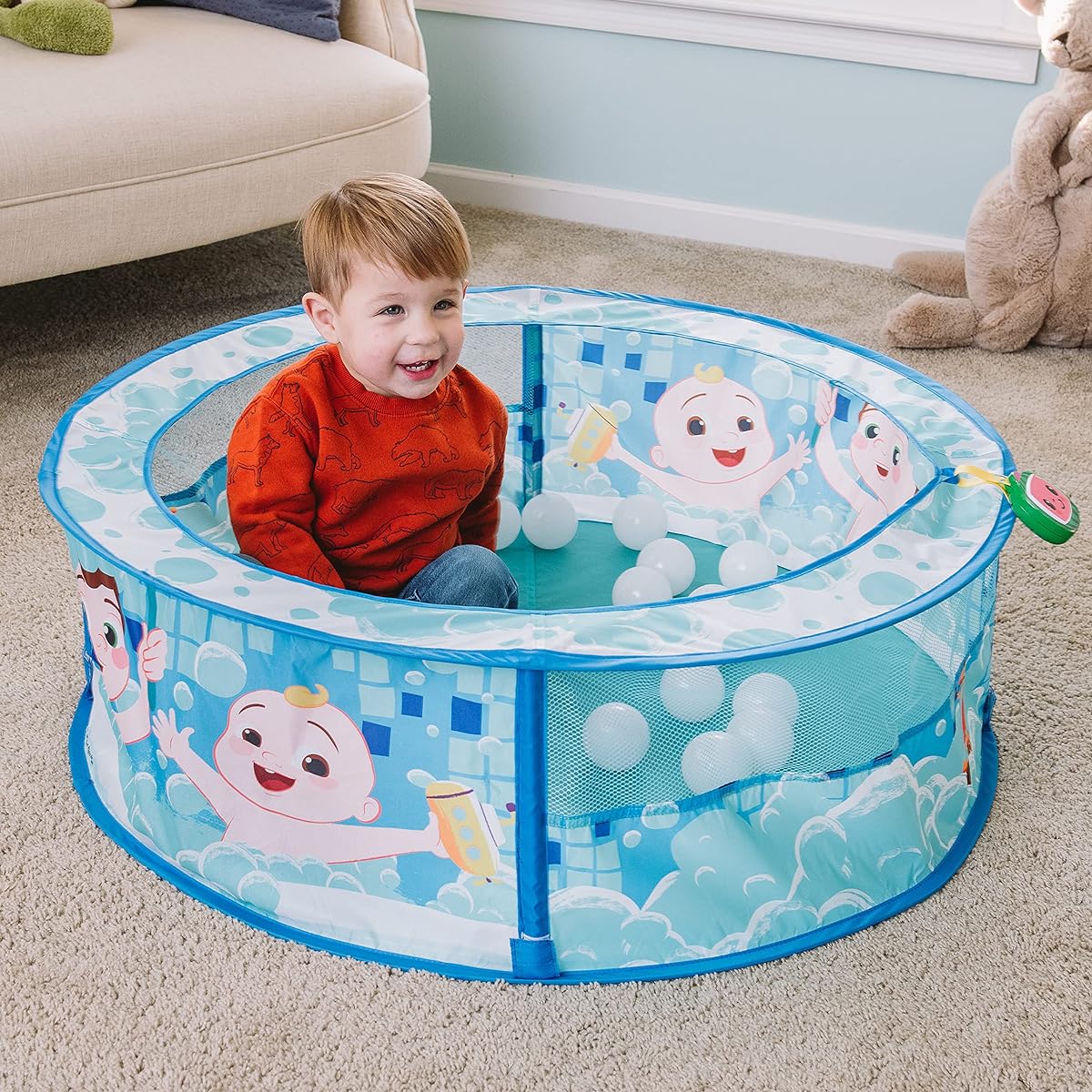 CoComelon Sunny Days Entertainment Bathtime Sing Along Play Center Ball Pit Tent with Bonus 20 Play Balls and Music