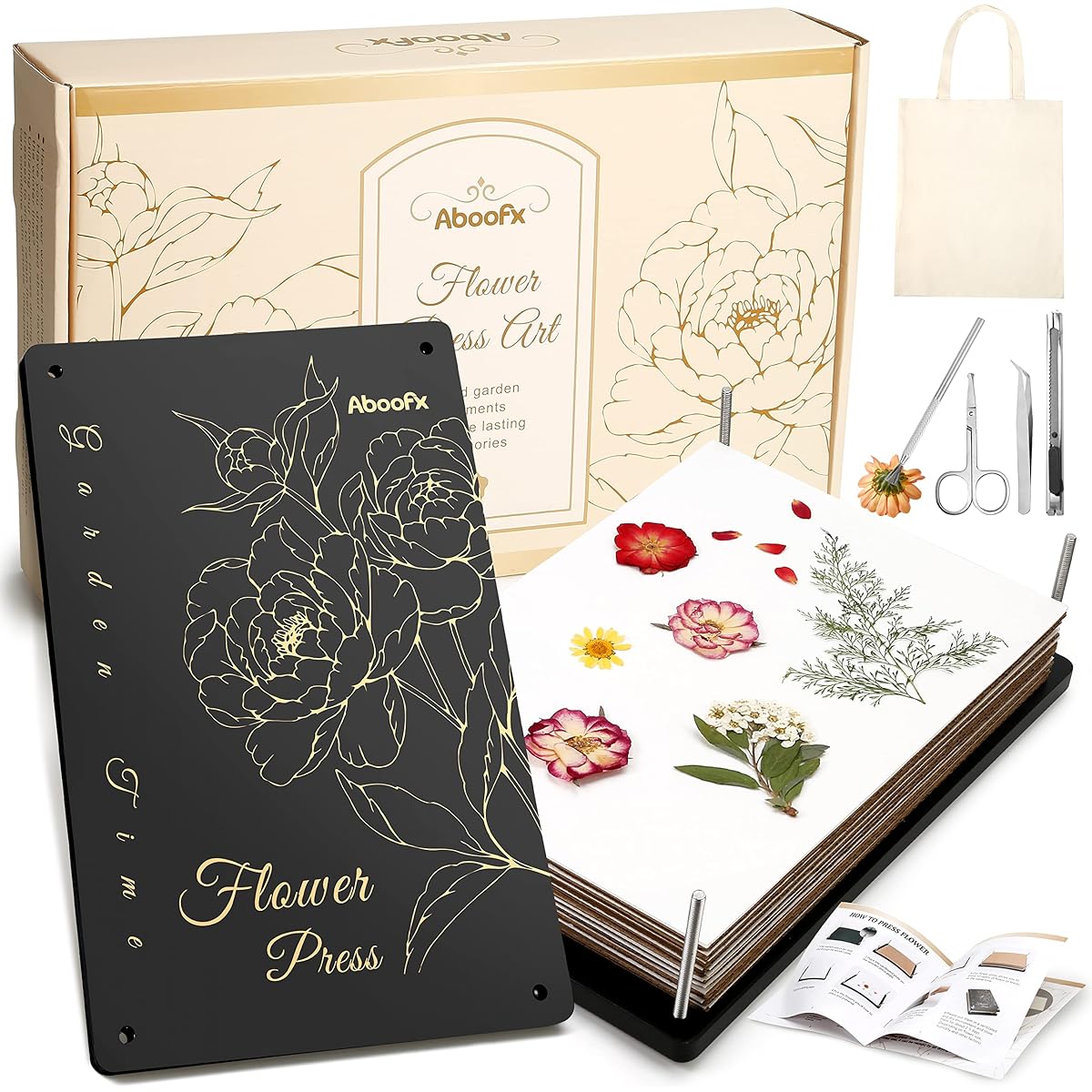Aboofx Extra Large Flower Press 13.4" x 8.7" 10 Layer Wooden Flower Press Kit with Storage Bag, Flower Press Kit for Adults, Pressed Flower Plant Preservation Kit, DIY Art Gift