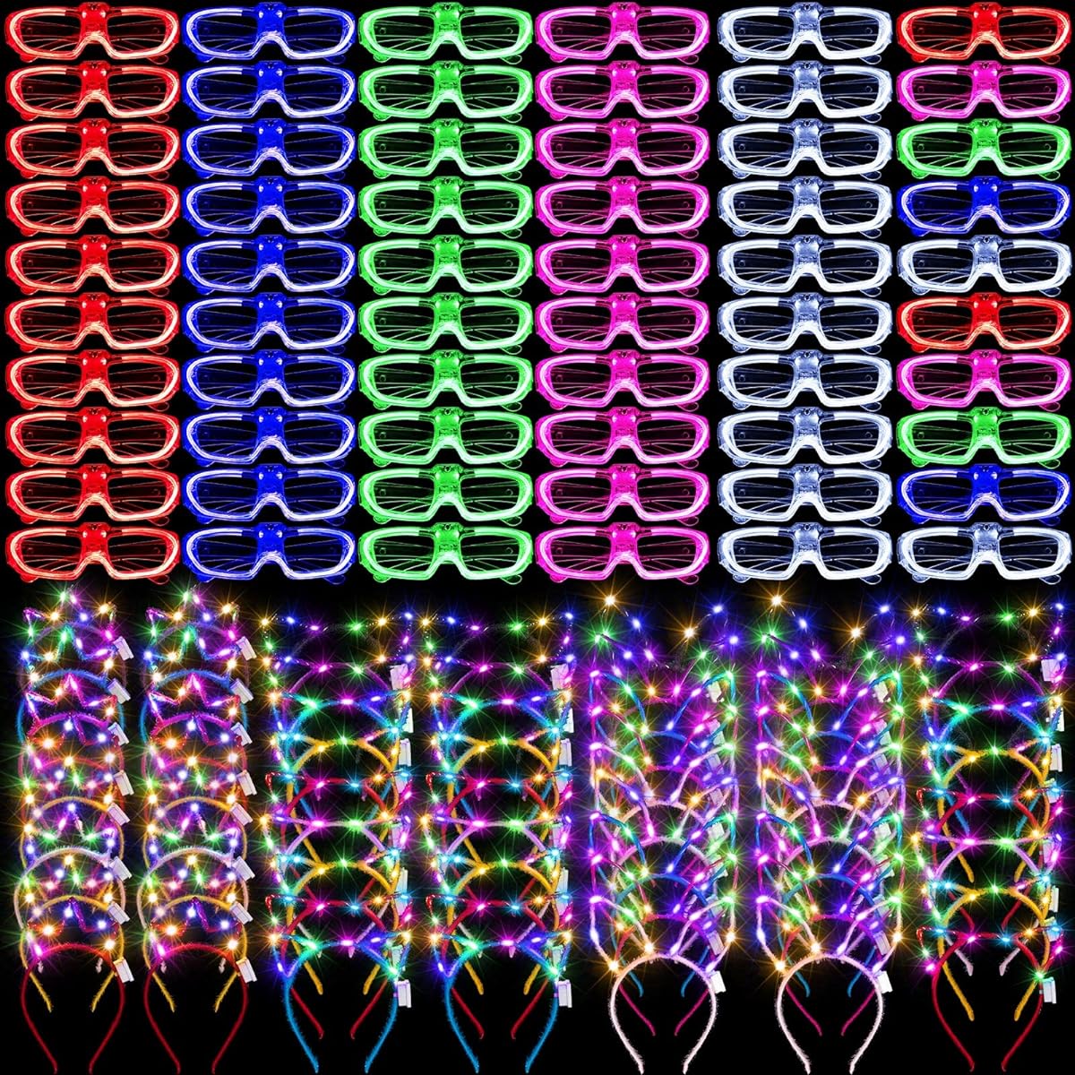 Glow in the Dark Party Supplies 120pcs Light Up Glasses 60pcs LED Cat Ear Headbands 20pcs LED Bunny Ear Hair Accessories 20pcs Glow Crown Tiara Hairbands for Neon Holiday Birthday Halloween Christmas Party