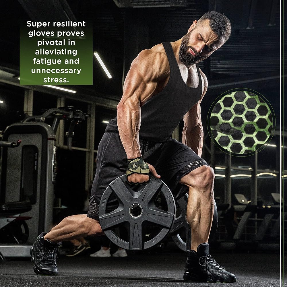 RDX Weightlifting Gloves Gym Fitness Workout Anti-Slip Ventilation Open Back Gripper Muscle Training HIIT Exercise Deadlift Men Women Cycling Rowing Climbing Hanging Pull Ups (Green, S/M)