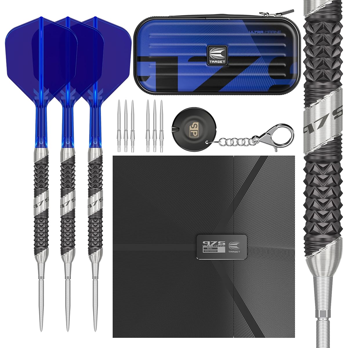 TARGET Darts 975 Ultramarine 01 24G 97.5% Tungsten Steel Tip Darts Set - Swiss Point Darts with K-Flex Integrated Flights and Shafts - Includes Darts Tacoma Wallet, SP Tools, and Dart Tips