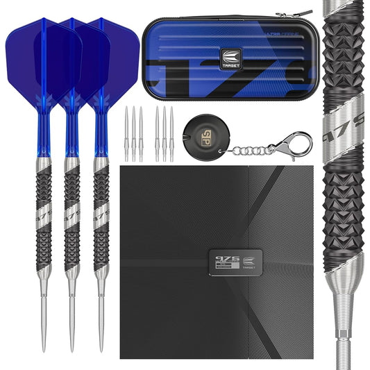 TARGET Darts 975 Ultramarine 01 24G 97.5% Tungsten Steel Tip Darts Set - Swiss Point Darts with K-Flex Integrated Flights and Shafts - Includes Darts Tacoma Wallet, SP Tools, and Dart Tips