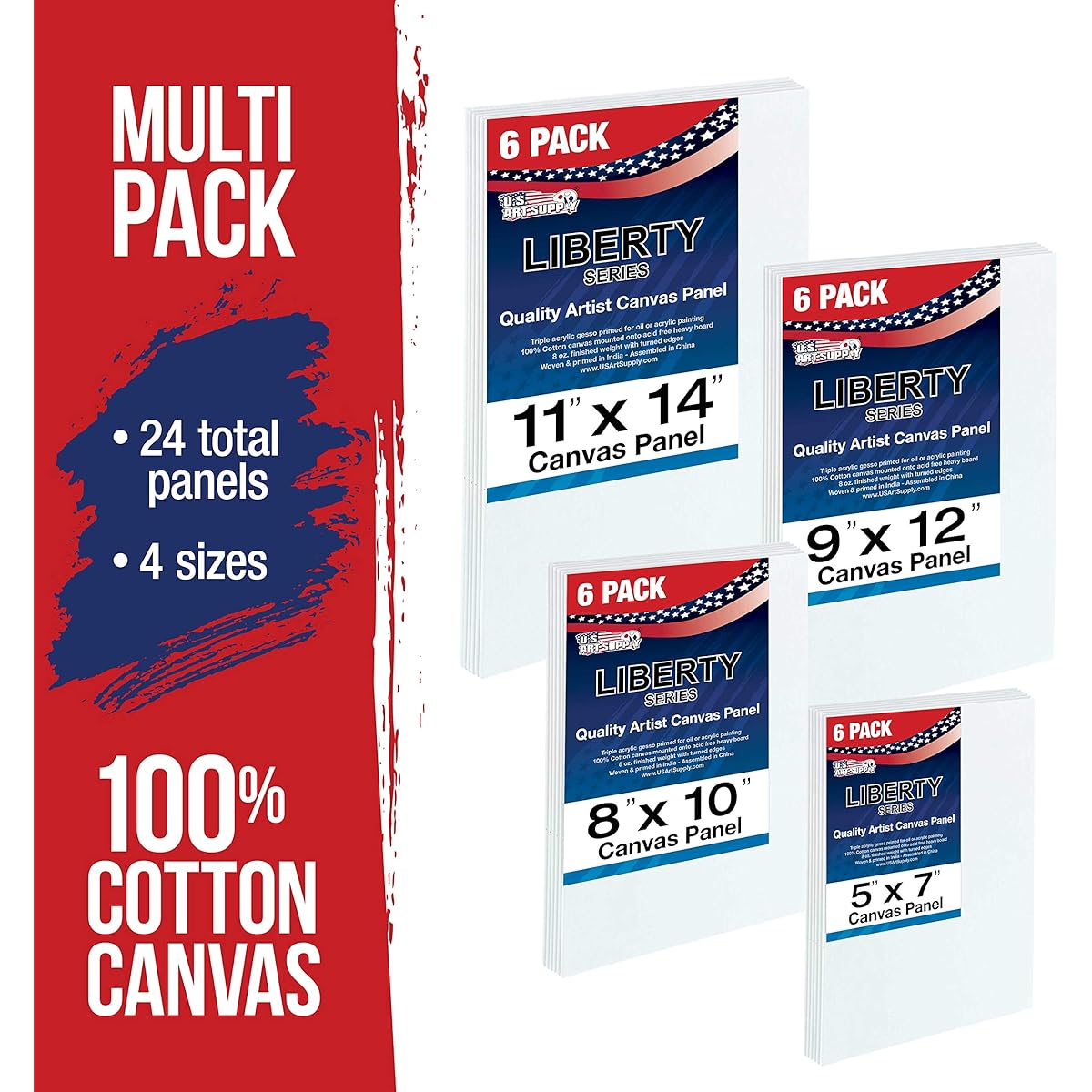 US Art Supply Multi-pack 6-Ea of 5 x 7, 8 x 10 , 9 x 12, 11 x 14 inch. Professional Quality Medium Artist Canvas Panel Assortment Pack (24 Total Panels) by US Art Supply