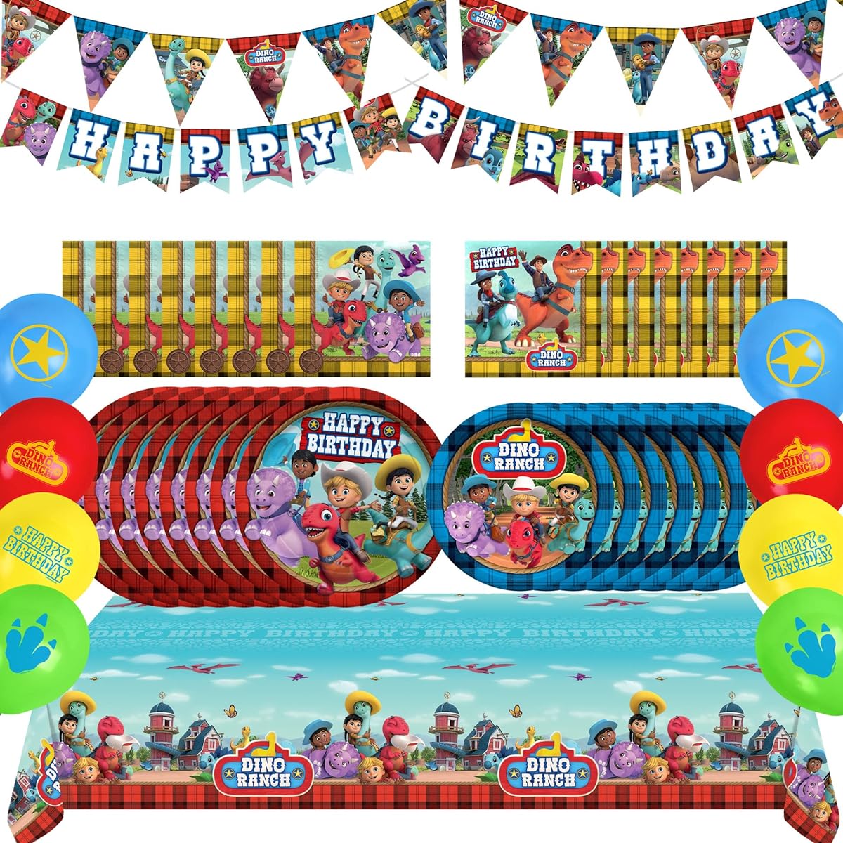Treasures Gifted Dino Ranch Birthday Party Supplies - For 24 Guests - Dino Ranch Party Supplies - Dino Ranch Birthday Decorations, Dinosaur Plates, Dinosaur Balloons and More