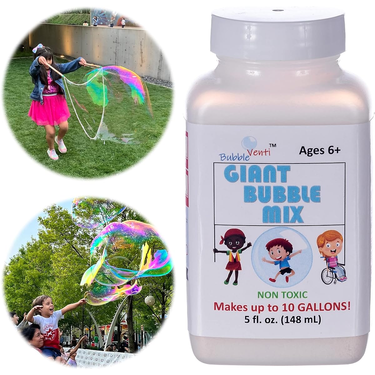 Bubbleventi Giant Bubble Mix Made in the USA - 100% Vegan Non-Toxic Powder with 10 Gallons of Premium Bubble Solution for Kids to Have STEM Fun - Use with Bubble Wands and Machines