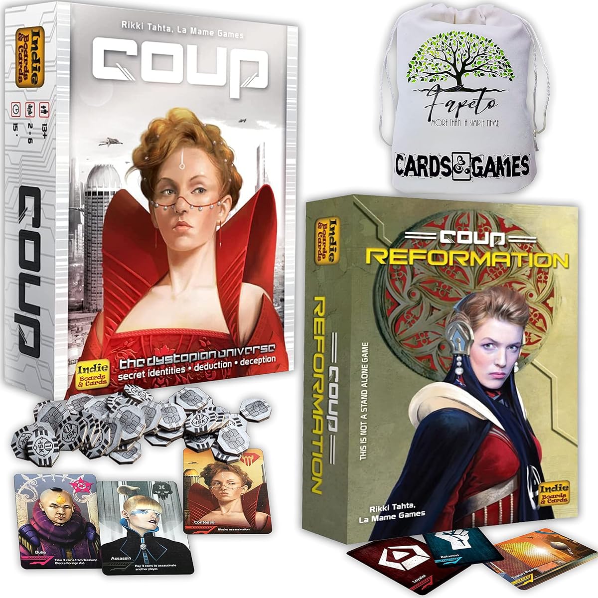 Party Game Coupe Dystopian Universe Card Game Expansion Coupe Mods with Random Color Drawstring Bag