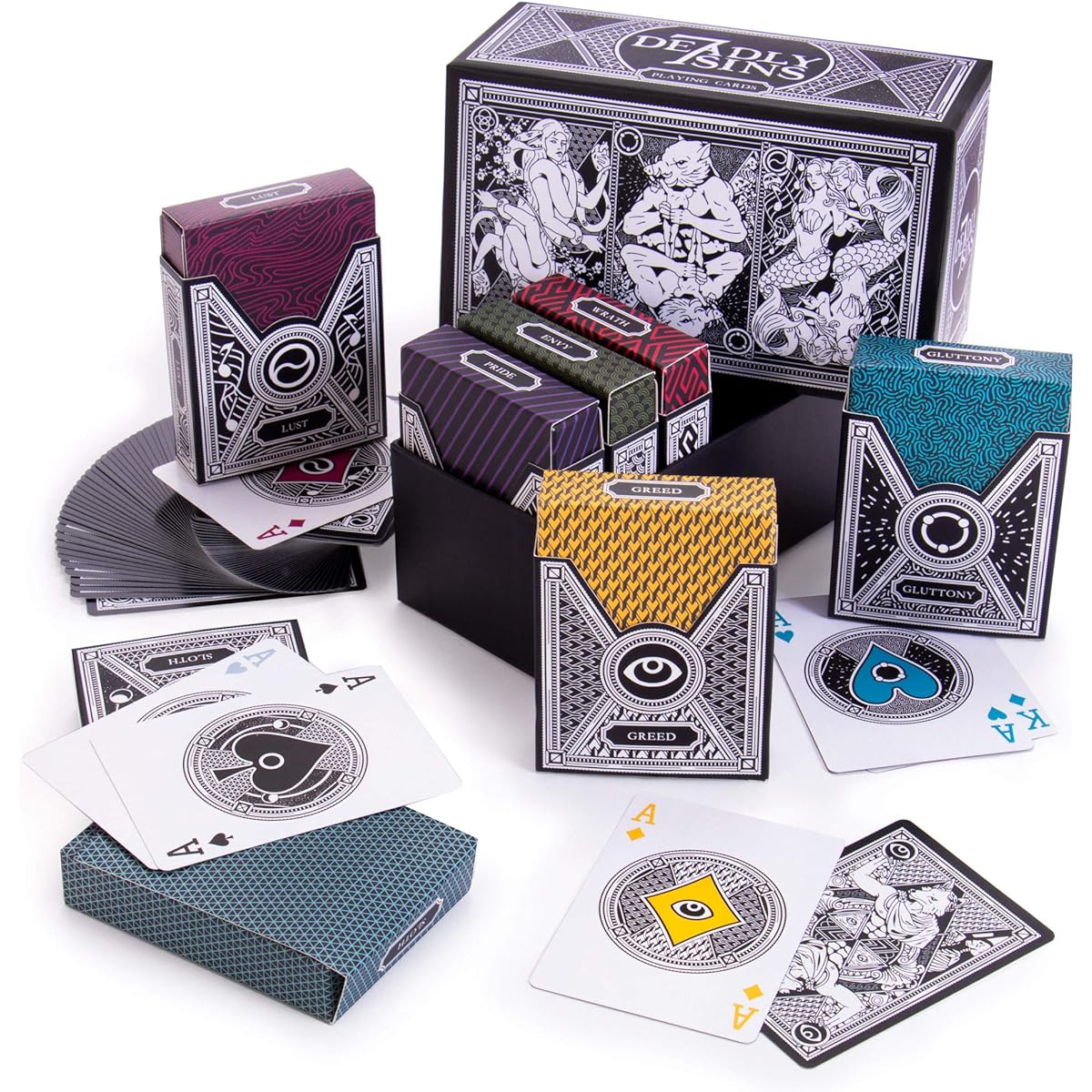 7 Deadly Sins Playing Cards - 7 Premium Themed Decks - Dante's Inferno, Divine Comedy - Unique Hand-Painted 300gsm Black Core Stock Poker Size Standard Index - Party Games & Cardistry