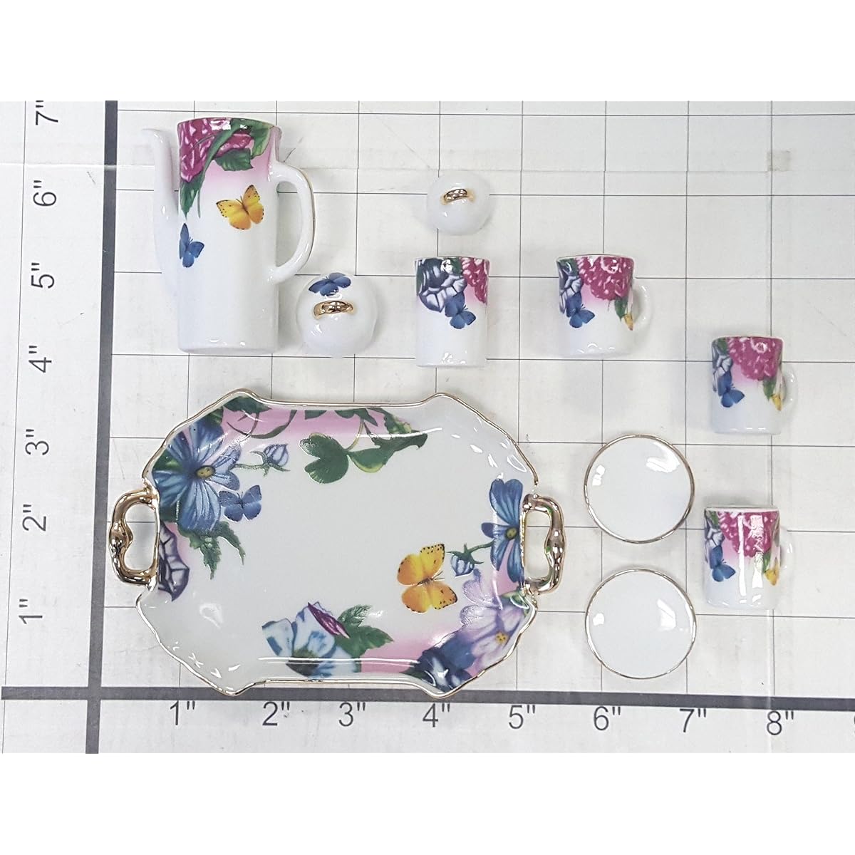 Miniature Collectible Butterfly & Flower Porcelain Tea Set: Teapot, Sugar Bowl, Creamer, 2 Teacups, Serving Platter