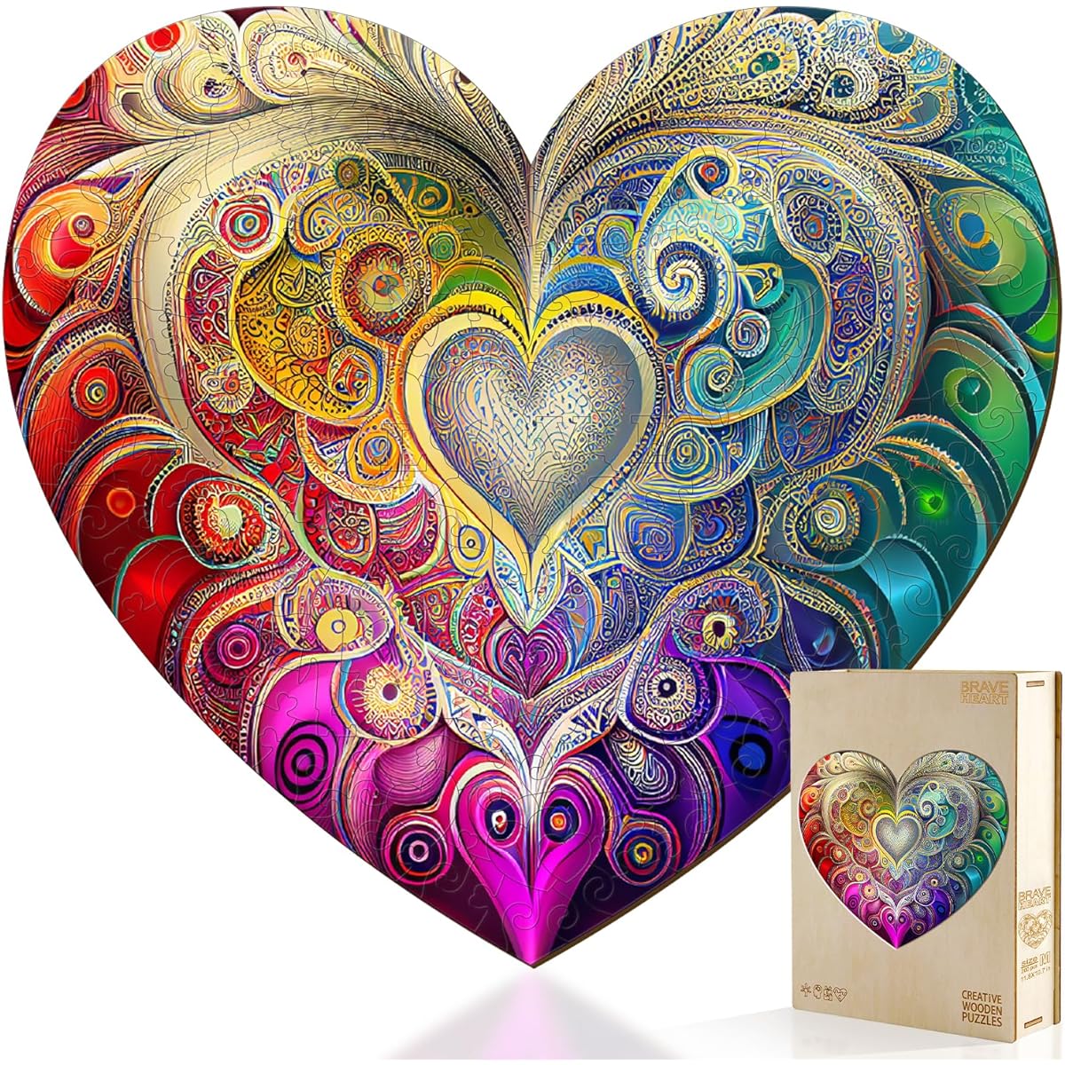 KAAYEE Heart-Shaped Wooden Puzzle - 200 Pieces 11.8 * 10.75 Inch Heart Wood Puzzle Unique Animal Pieces for Adults, Gift for Loved Ones