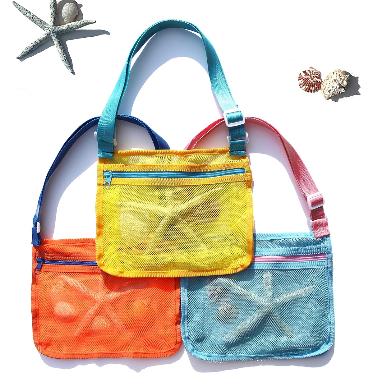 Beach Toy Bags - Colorful Mesh Seashell Bags - Shell Collecting Bags with Adjustable Carry Straps, Zipper and Expandable Bottom - Perfect for Shell Hunting in the Sand (3 Pack), Orange and Blue, Yellow and Blue, Blue and Pink.