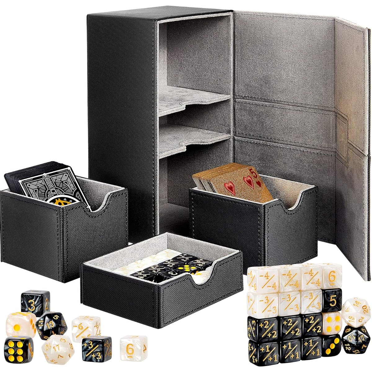Deekin Deck Card Box Card Deck Game Box Compatible with MTG TCG CCG Commander Deck Playing Card Case Card Deck Holder 3 Trays for 220+ Sleeved Cards with 18 Dice 8" x 4.5" x 3.4" (Black)