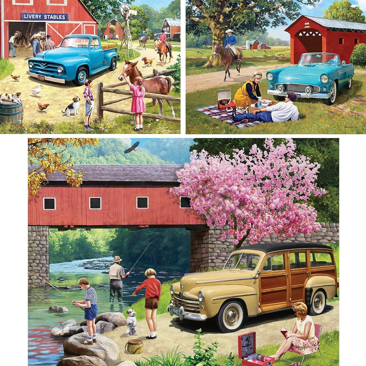 Bits and Pieces - Set of 3 1000 Piece Jigsaw Puzzles for Adults - Puzzle Measures 20" x 27" - 1000 Pieces A Stop at The Stables, T Bird Summer Our Favorite Spot Jigsaw Artist Kevin Walsh