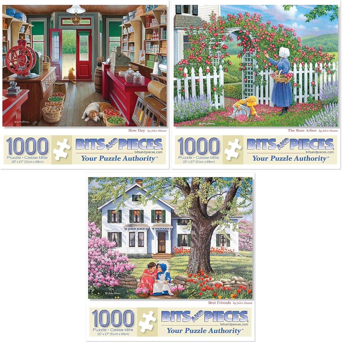 Bits and Pieces - Value Pack of 3 1000 Piece Jigsaw Puzzles for Adults - Each Puzzle Measures 20" x 27" - 1000 Piece Slow Day Rose Arbor Best Friends Jigsaw Puzzle Artist: John Sloane