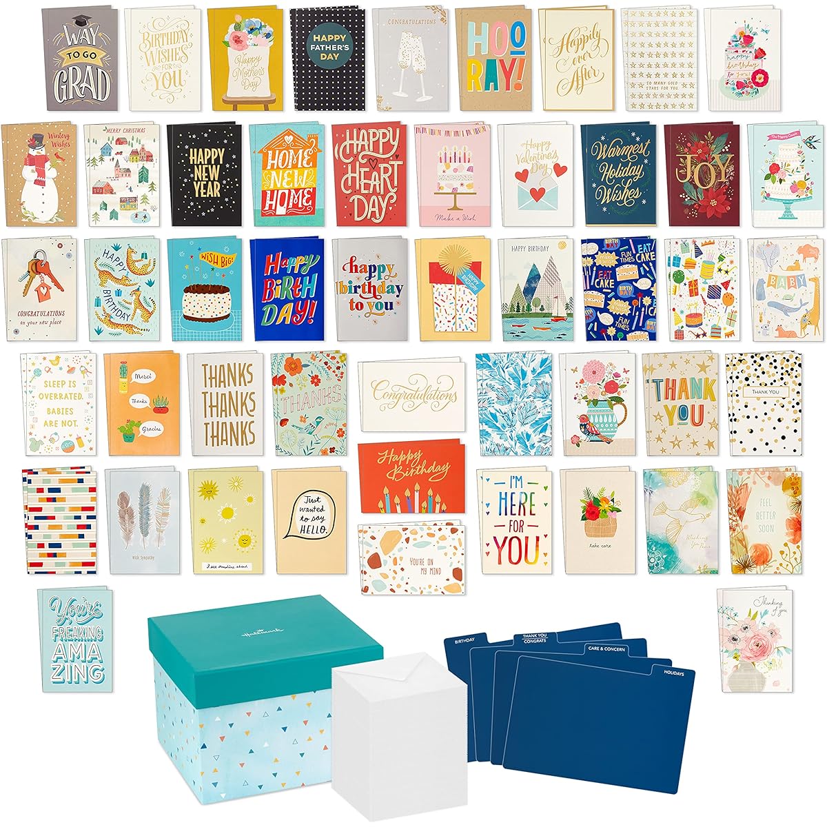 Hallmark All Occasion Boxed Set Assorted Blank Greeting Cards with Card Organizer (Pack of 100) - Birthday, Thank You, Congratulations, Wedding, Baby, Thinking of You, Sympathy