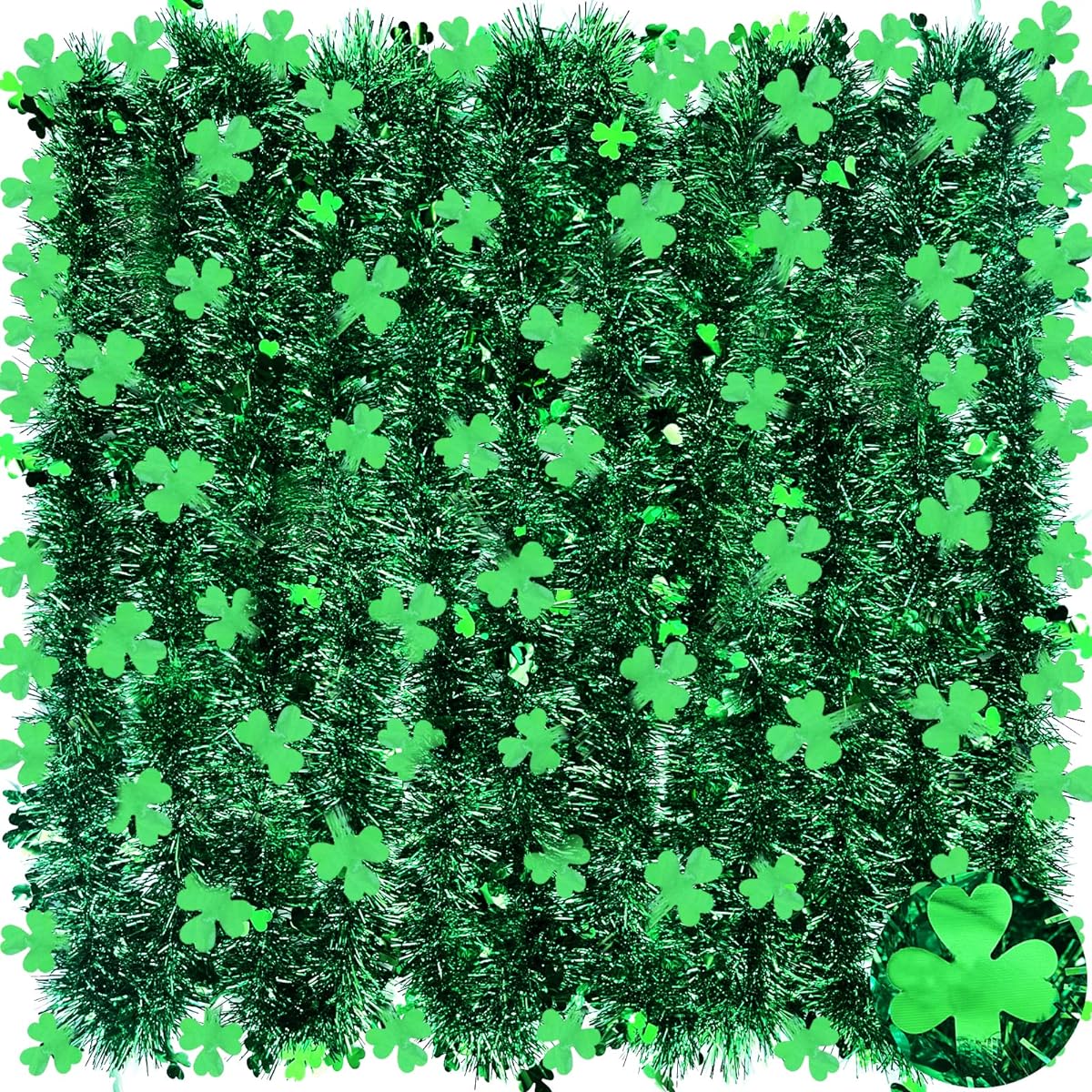 TURNMEON 3 Pack 49.2 Feet Total St. Patrick's Day Shamrock Tinsel Garland Decorations Green Clover Metallic Streamers St. Patrick's Day Decorations for Indoor Outdoor Home Irish Party Supplies 16.4 Feet x 4.3 Inches Each