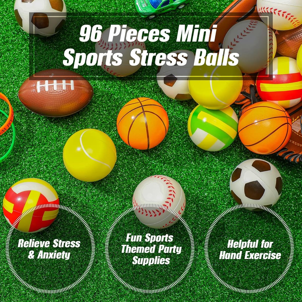 Sports Stress Balls 96 Pieces 2.5 Inch Mini Foam Balls Pool Beach Toy Storage Bag for Basketball Football Baseball Soccer Tennis Volleyball Birthday Party Favor Stress Relief Reward