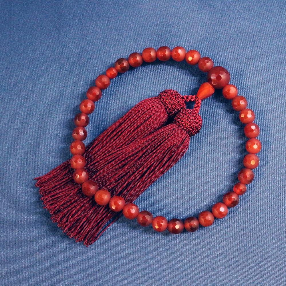 Founded in 1898, Nakago, Kyoto, Kyoto prayer beads (mala beads), agate, 8 mm, drop cut, co-tailored, straight head, dark engraved, with prayer beads bag (for women who can be used in all sects) N-20061