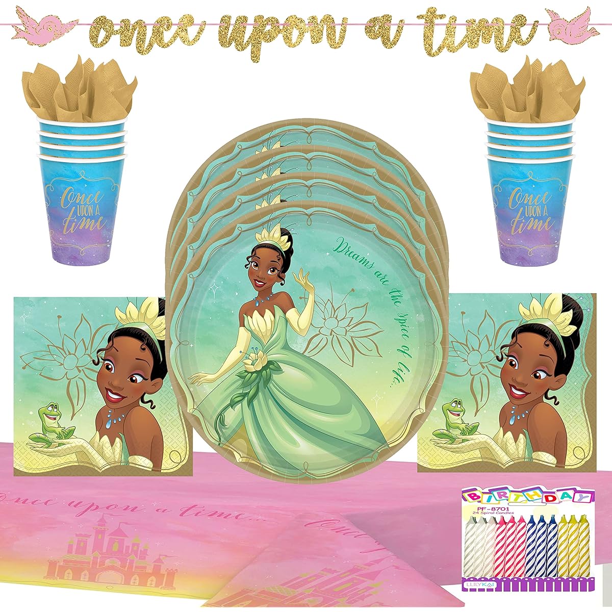 Disney Princess Tiana Birthday Party Supplies Pack for 16 People | Tiana Party Supplies Pack | Decorations | Includes Plates, Napkins, Cups, Table Covers, Banners and Birthday Candles (16 Pieces)