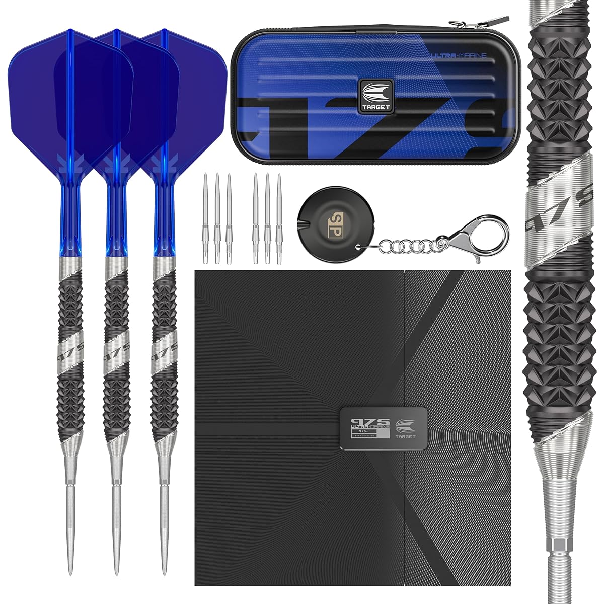 Target Darts 975 Ultramarine 02 23G Tungsten 97.5% Swiss Point Steel Tip Dart Set with K-Flex