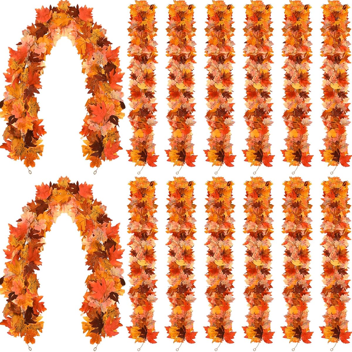 Tigeen Fall Maple Leaf Garland, 12pcs 5ft Artificial Maple Leaves Fall Garland Leaf Decorations Artificial Plants Hanging Fall Leaves for Outdoor Fireplace Thanksgiving Fall Decor