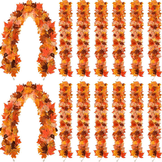 Tigeen Fall Maple Leaf Garland, 12pcs 5ft Artificial Maple Leaves Fall Garland Leaf Decorations Artificial Plants Hanging Fall Leaves for Outdoor Fireplace Thanksgiving Fall Decor