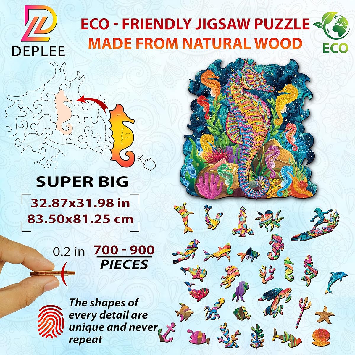 DEPLEE Wooden Puzzle for Adults Seahorse Wooden Jigsaw Puzzle Unique Shape Wooden Animal Puzzle Creative Challenge for Adults/Family/Friends 1000~1500 Pieces 32.87x32 Inch Super Big