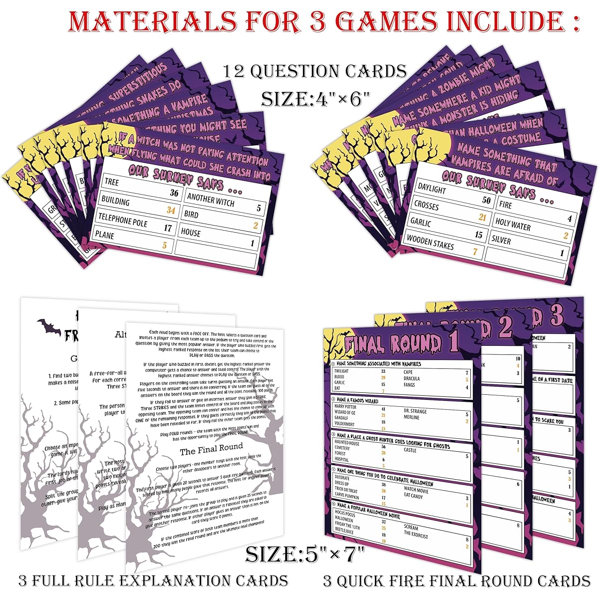 Halloween Friendly Feud Game Family Game Night Halloween Quiz Trick or Treat Alternative Game Halloween Party Games for Family Activities - 12 Question Cards and 3 Quick Fire Final Round Cards (02)