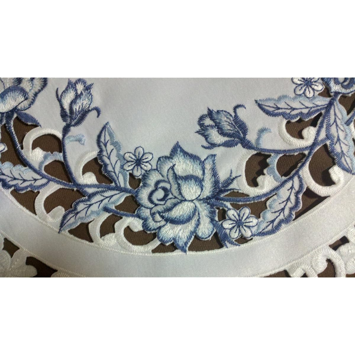 Table Runner Embroidered with Blue Roses on Bleached White Fabric, Size 54 x 15 Inch