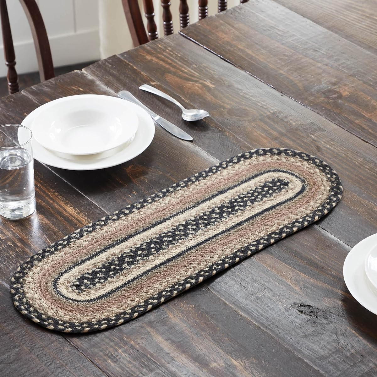 VHC Brands Sawyer Mill Braided Jute Table Runner, Oval, Charcoal Cream, 8x24