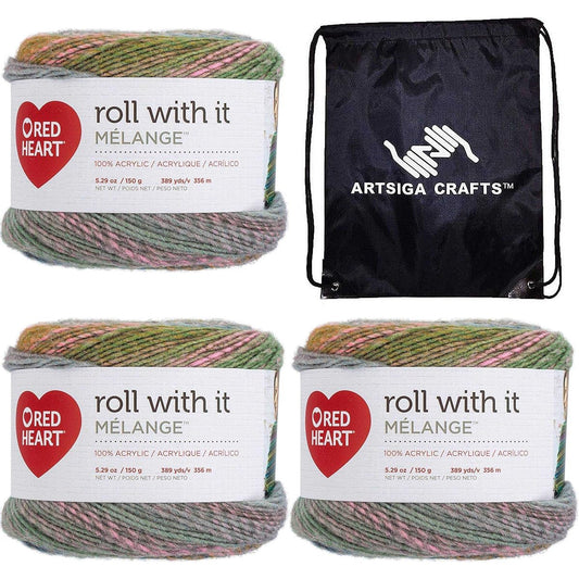 Red Heart Roll With It Melange Green Loom E890-0635 (3-spin - same dye lot) Worsted Medium #4 Acrylic Yarn for Crocheting and Knitting - Includes 1 Artsiga Crafts Project Bag