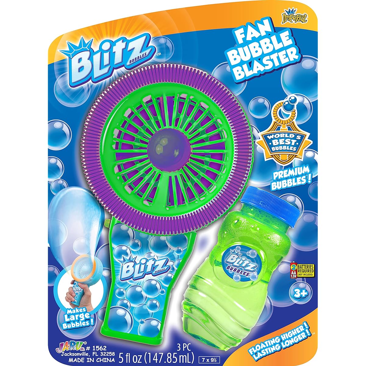 JA-RU Blitz Fun Bubble Blaster with Soap Solution (1 Bubble Blower) Battery Operated Bubble Maker Machine Toy for Kids Outdoor Family Game Handheld Bubble Wand Shooter Easter Basket Toy 1562-1