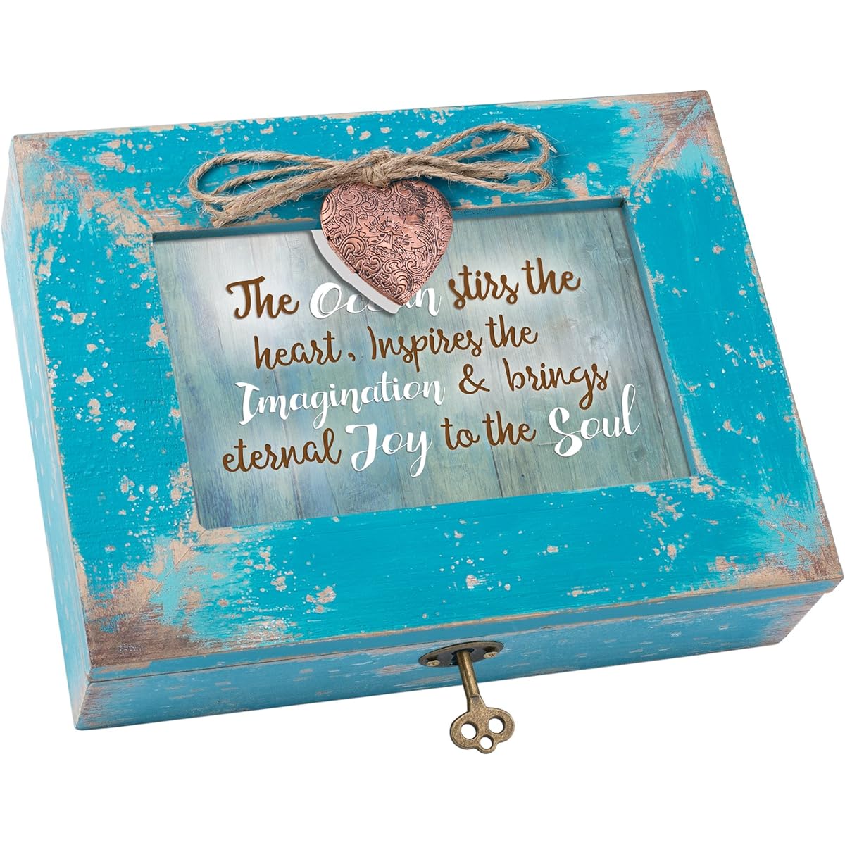The Ocean Inspires Brings Joy Distressed Teal Blue Wood Locket Music Box Plays You Light Up My Life