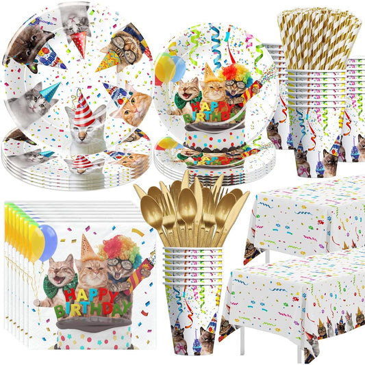 APOWBLS Cat Birthday Party Supplies - Cat Party Decorations Tableware Plates Cups Napkins Tablecloth Cutlery Straws Kitten Birthday Party Supplies Cat Birthday Decorations Tableware | Serves 24