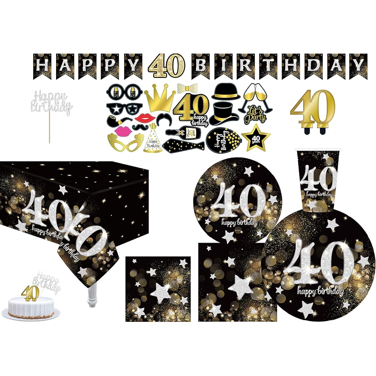 Serves 30 | Essential Party Pack for 40th Birthday | For 40th Birthday | 9" Dinner Paper Plates | 7" Dessert Paper Plates | 12oz Cups | 3-Ply Napkins | Cake Topper | Candles | Photo Props | Banner | Table Cover 40th Birthday Party Theme