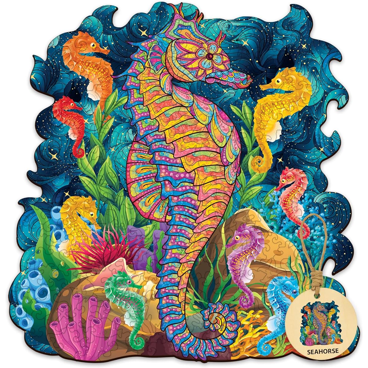 DEPLEE Wooden Puzzle for Adults Seahorse Wooden Jigsaw Puzzle Unique Shape Wooden Animal Puzzle Creative Challenge for Adults/Family/Friends 1000~1500 Pieces 32.87x32 Inch Super Big