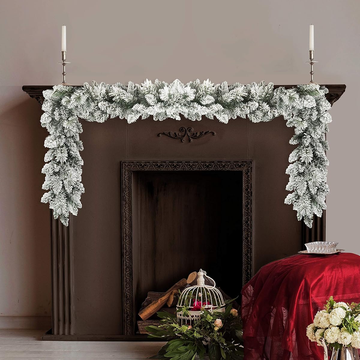 Puleo International Flocked Spruce Garland Artificial Christmas Tree, Green