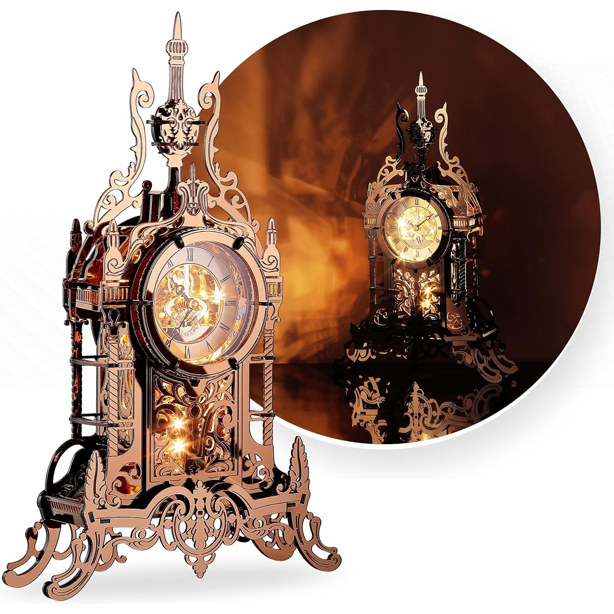 FUNPOLA 3D Puzzle, Acrylic, 3D Puzzle, LED, Metallic Nano Puzzle, Clock Tower, Building Model Clock, Table Clock, Handmade, for Kids and Adults, Home Decoration, Instructions Included, Scandinavian Interior, Lighted, Puzzle Gift, Gift, 63PCS