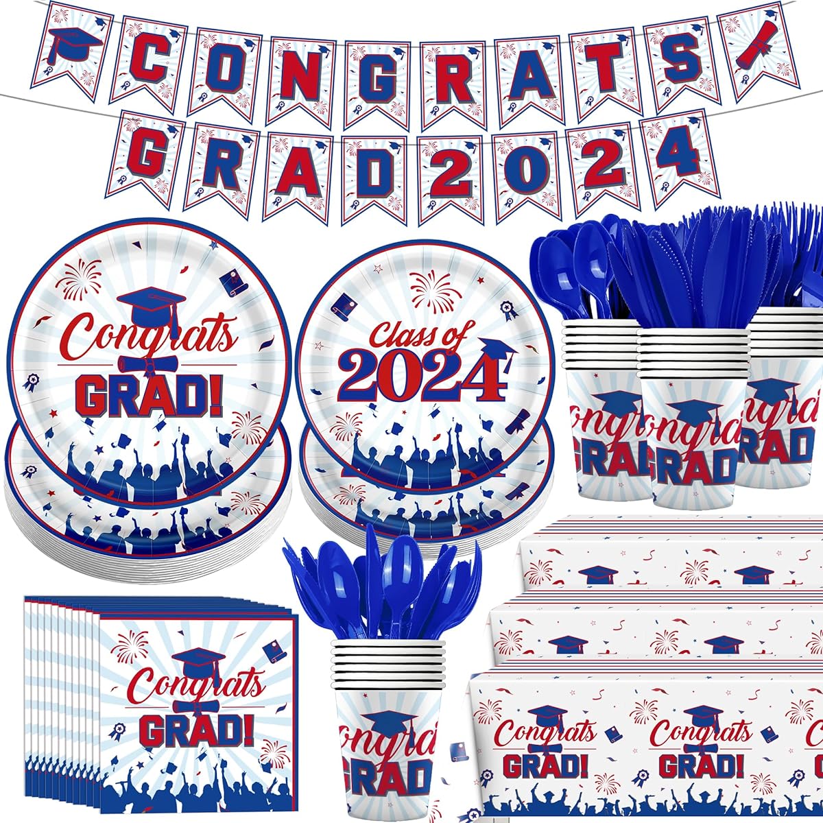 172 Pieces Red Blue White Graduation Party Supplies for 24 Disposable 2023 Graduation Celebration Tableware Set - Congrats Grad Paper Dinner Plates Dessert Plates Cups Napkins Cutlery Tablecloth Banner