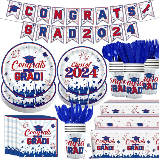 172 Pieces Red Blue White Graduation Party Supplies for 24 Disposable 2023 Graduation Celebration Tableware Set - Congrats Grad Paper Dinner Plates Dessert Plates Cups Napkins Cutlery Tablecloth Banner