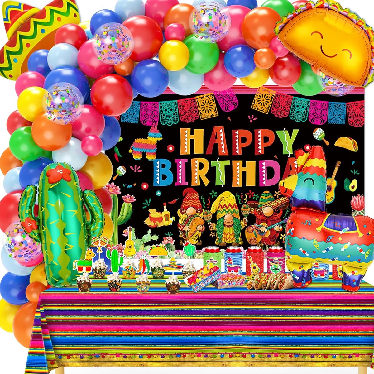 Mexican Party Decorations Fiesta Birthday Supplies Boys Girls Balloon Garland Kit Serape Tablecloth Happy Birthday Background Taco Balloon Decor Cinco de Mayo Party Decorations