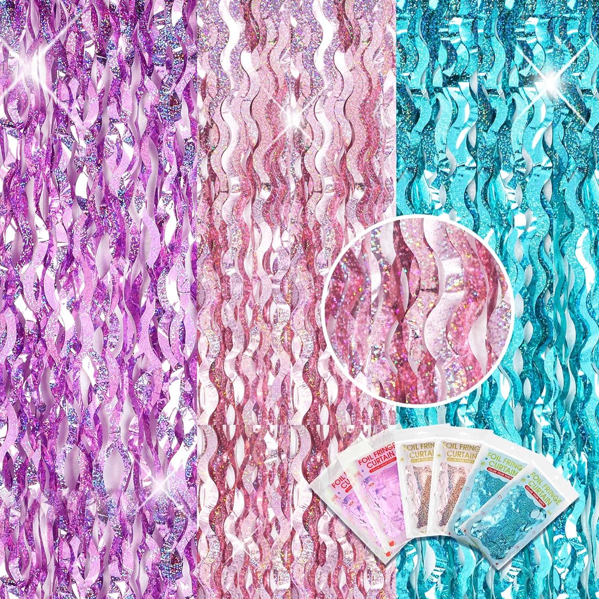 Jutom Foil Fringe Backdrop Party Fringe Curtains 3.3 x 6.6ft Tinsel Streamer Backdrop for Graduation/Nautical/Birthday/Wedding/Baby Shower Holidays(Light Purple, Light Pink, Blue Green)