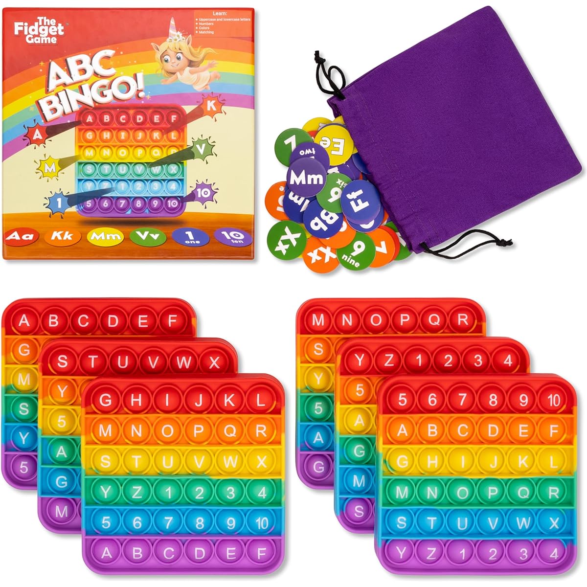 ABC Bingo Game for Kids - 6 Educational Alphabet Bingo Fidget Mats for Preschool/Kindergarten/Kindergarten - Learning Activities for 2-6 Players