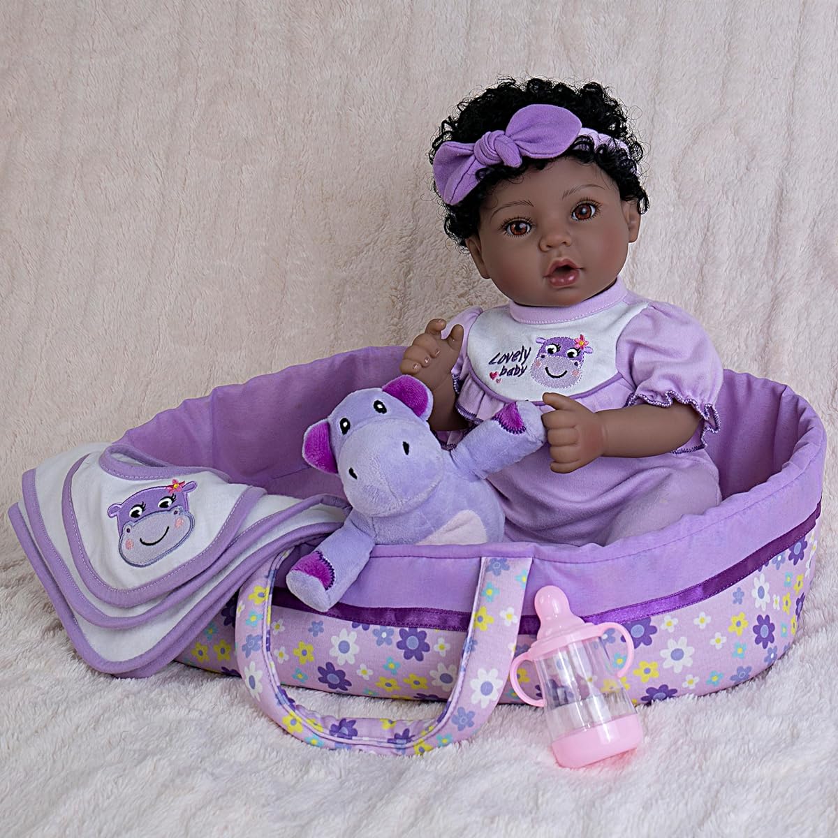 Milidool Reborn Baby Doll Black - 18 Inch African American Lifelike Newborn Baby Girl Doll Black Baby Doll with Purple Basket Gift for Girls