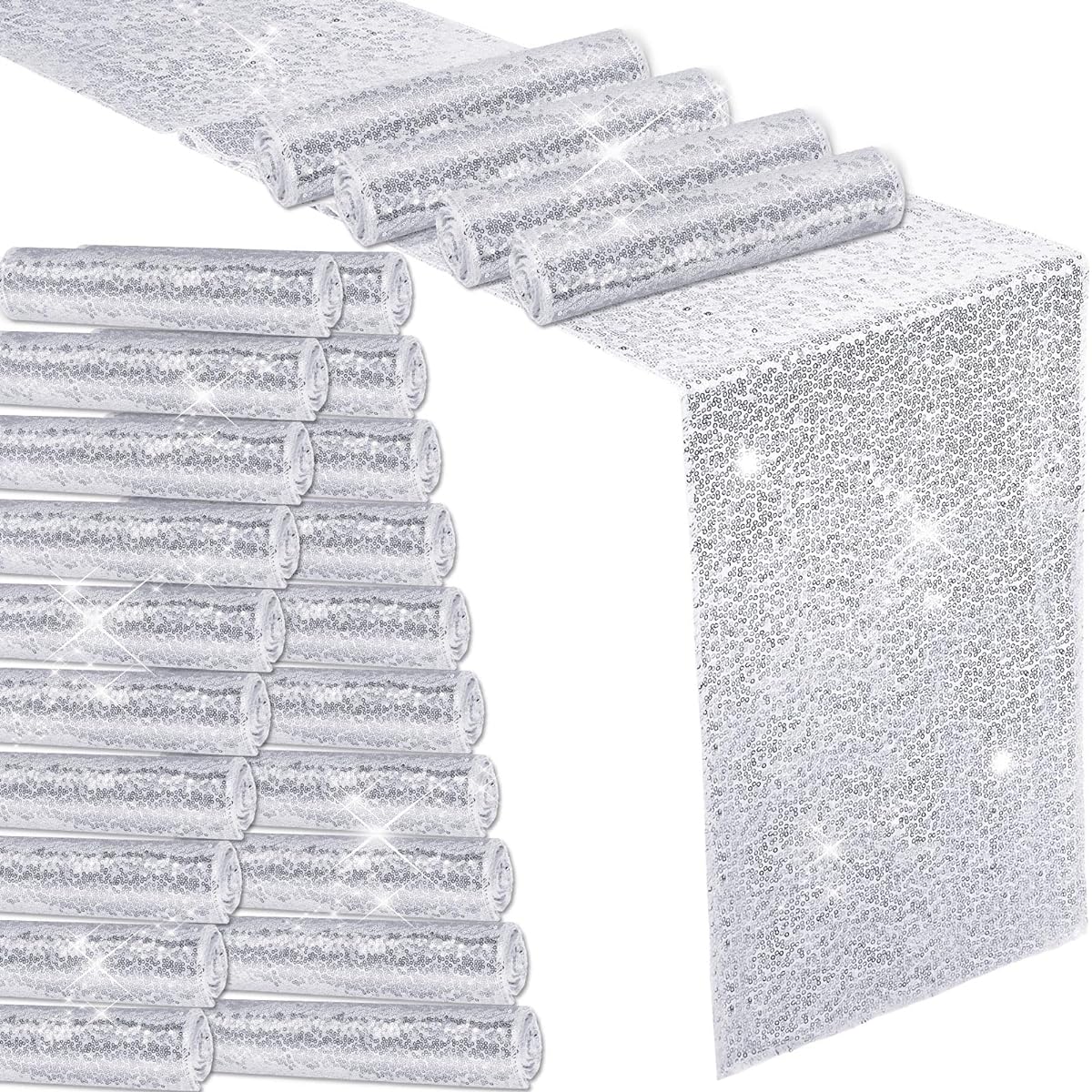 24 Sequin Table Runners, Bulk Sequin Tablecloths Table Decorations for Parties, Rectangular Table Covers for Birthday Wedding Engagement Supplies Holiday Celebrations, 12 x 108 Inch (Silver)